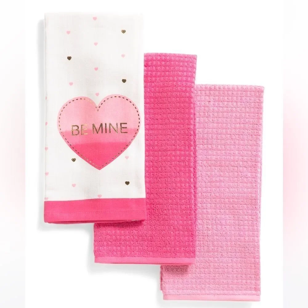 CR Valentine’s Day Pink White Metallic Gold Cotton Tea Kitchen Towels 3 Pack